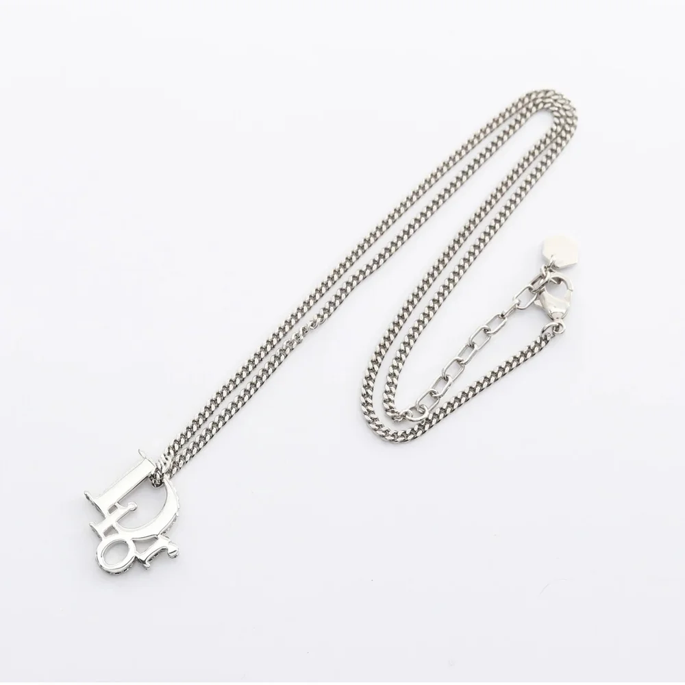 Christian Dior Oblique Pendant Necklace Silver Tone Brass Crystals Y2K Authentic - Picture 3 of 6